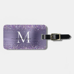 Purple Violet Glitter Brush Metal Monogram Script Luggage Tag