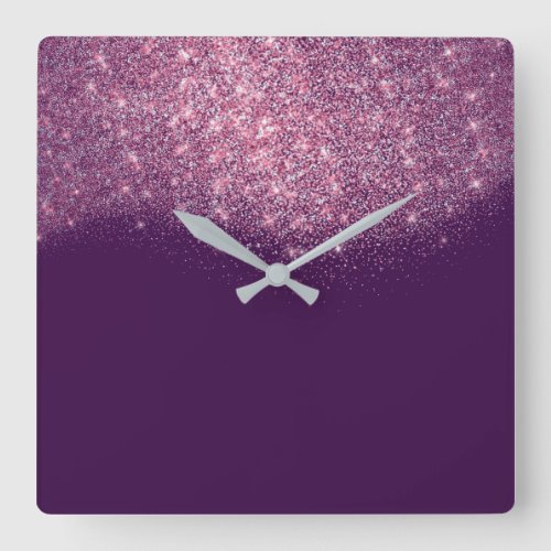 Purple Violet Glitter Confetti Pink Rose Glam Square Wall Clock