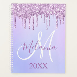 Purple Violet Glitter Drips Girly Monogram 2025 Planner