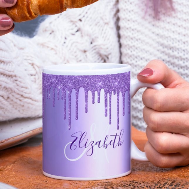 Purple Violet Glitter Drips Metal Monogram Coffee Mug (Creator Uploaded)