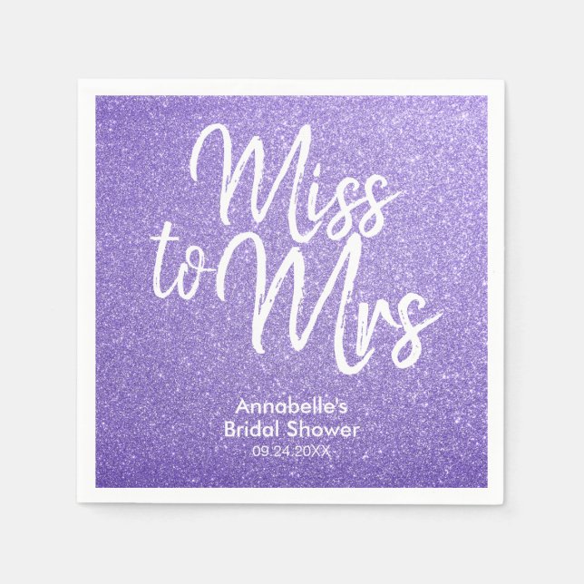 Purple Violet Glitter Miss to Mrs Bridal Shower Napkins (Front)