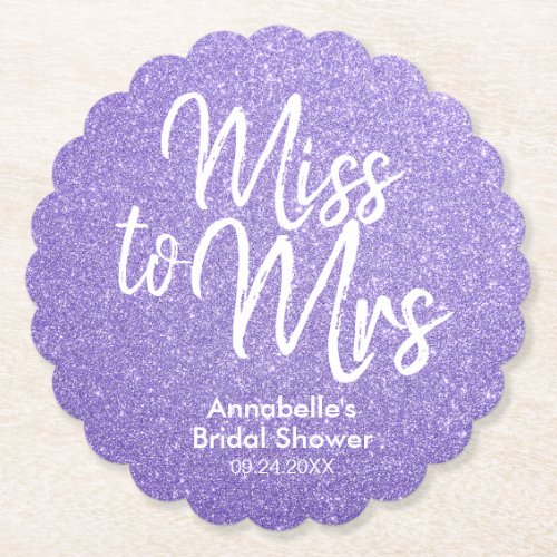 Purple Violet Glitter Miss to Mrs Bridal Shower Paper Coaster