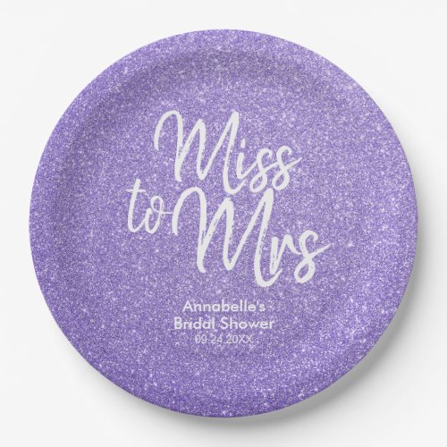 Purple Violet Glitter Miss to Mrs Bridal Shower Paper Plates