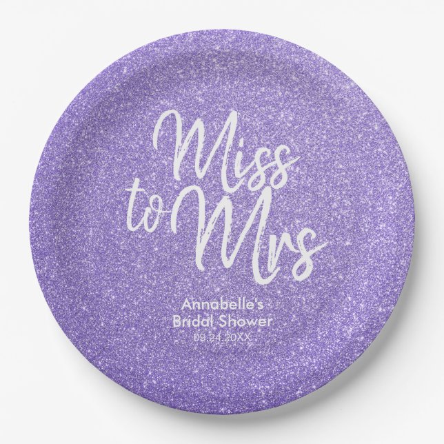 Purple Violet Glitter Miss to Mrs Bridal Shower Paper Plates (Front)
