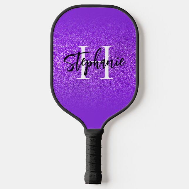 Purple Violet Glitter Ombre Monogram Pickleball Paddle (Back)