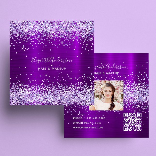 Purple violet glitter photo qr code square business card (Creator Uploaded)