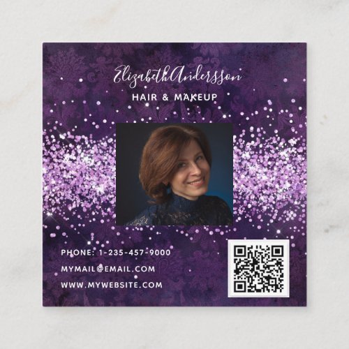 Purple violet glitter profile photo qr code  square business card