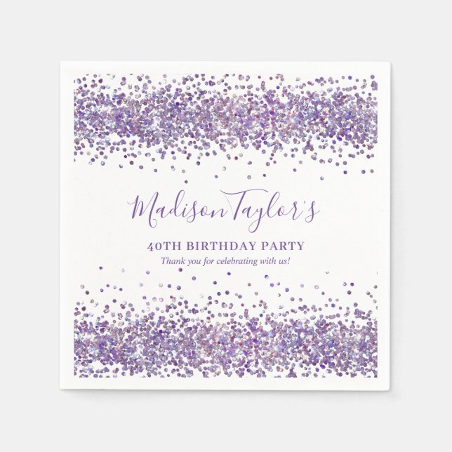 Purple Violet Glitter Sparkle Confetti Birthday Napkins (Front)