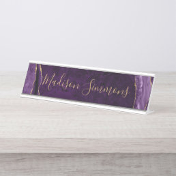 Purple Violet Gold Agate Geode Feminine Script Desk Name Plate