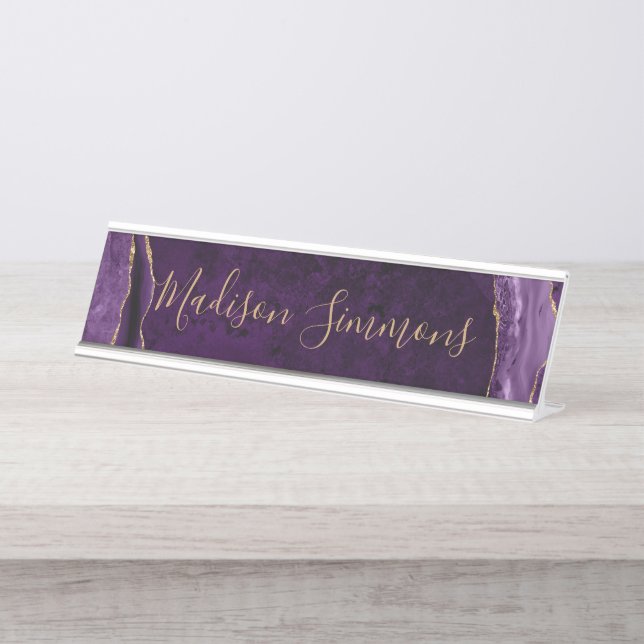 Purple Violet Gold Agate Geode Feminine Script Desk Name Plate (Front)