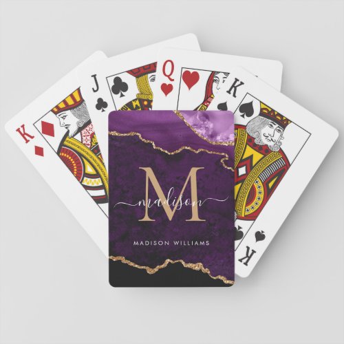 Purple Violet Gold Agate Geode Glitter Monogram Playing Cards