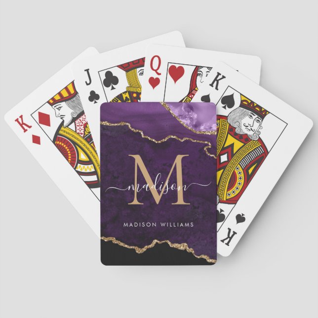 Purple Violet Gold Agate Geode Glitter Monogram Poker Cards (Back)