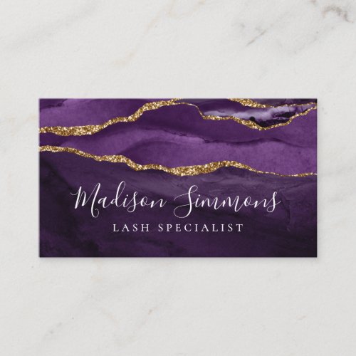 Purple Violet Gold Agate Geode Monogram Script Business Card