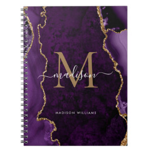 Purple Violet Gold Agate Geode Monogram Script Notebook