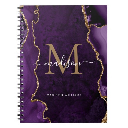 Purple Violet Gold Agate Geode Monogram Script Notebook