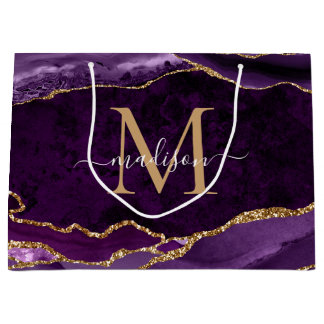 Purple Violet Gold Glitter Agate Geode Monogram Large Gift Bag