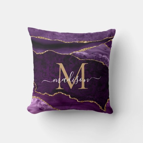 Purple Violet Gold Glitter Agate Geode Monogram Throw Pillow