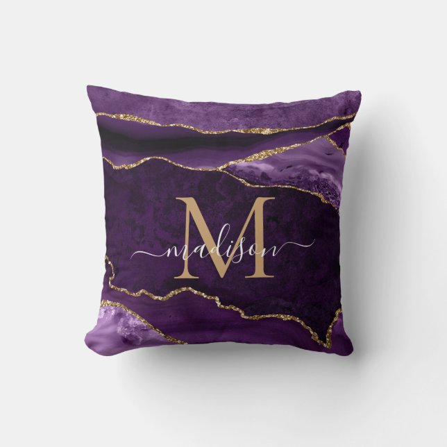 Purple Violet Gold Glitter Agate Geode Monogram Throw Pillow (Front)