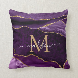 Purple Violet Gold Glitter Agate Geode Monogram Throw Pillow