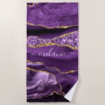 Purple Violet Gold Glitter Custom Name Beach Towel