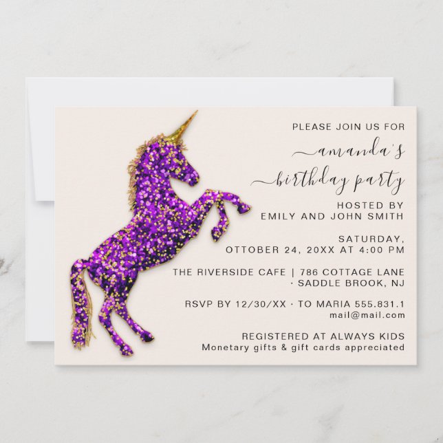 Purple Violet Gold Glitter Unicorn Horse  Invitation (Front)
