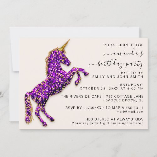 Purple Violet Gold Glitter Unicorn Horse  Invitation