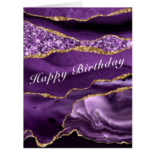 Purple Violet Gold Sparkly Marble Birthday Card (Front)