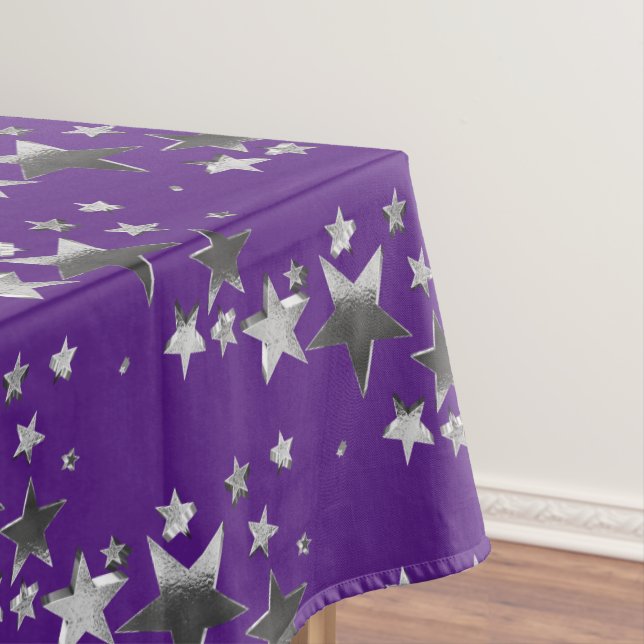 Purple Violet Gray Stars Pattern Festive Elegant Tablecloth (In Situ)
