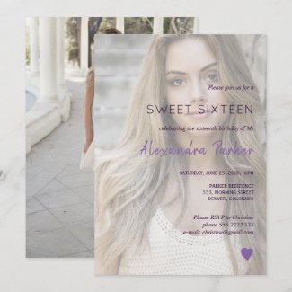 Purple violet heart simple photo sweet sixteen invitation