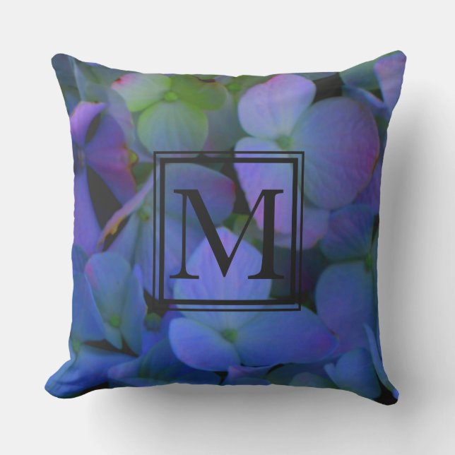 Purple violet hydrangeas monogram  outdoor pillow (Front)