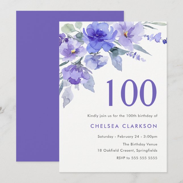 Purple Violet & Lavender 100th Birthday Party Invitation (Front/Back)