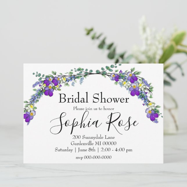 Purple violet Lavender Eucalyptus Bridal shower Invitation (Standing Front)