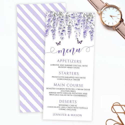 Purple violet lavender floral wedding menu cards