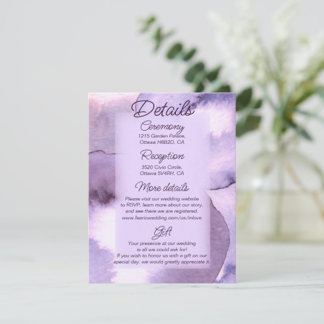 Purple violet lavender wedding details    enclosure card (Standing Front)