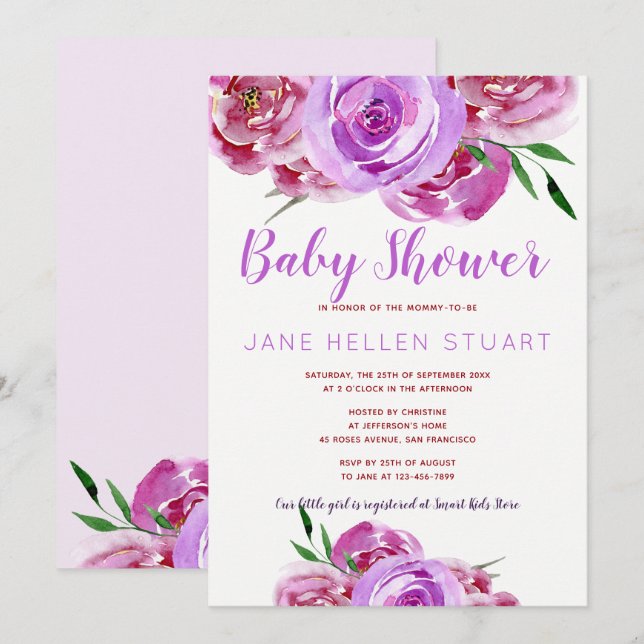 Purple violet mauve peonies bouquet baby shower invitation (Front/Back)