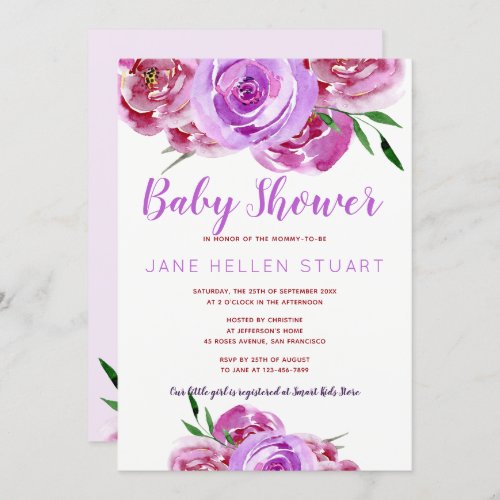 Purple violet mauve peonies bouquet baby shower invitation