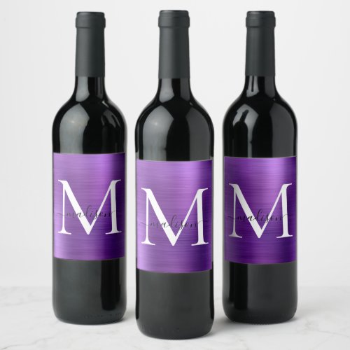 Purple Violet Monogram Girly Script Metallic Steel Wine Label