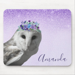 Purple Violet Owl Flower Crown Glitter Personalize Mouse Pad