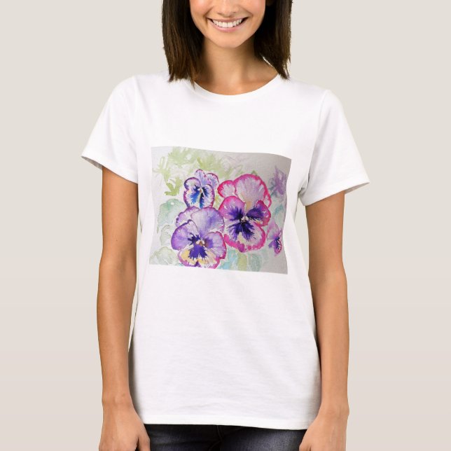 Purple Violet Pansy Watercolour painting T Shirt (Front)