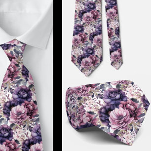 Purple Violet Peonies Poenies Floral Neck Tie