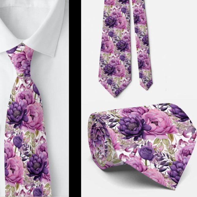 Purple Violet Peonies Poenies Floral Neck Tie (Creator Uploaded)