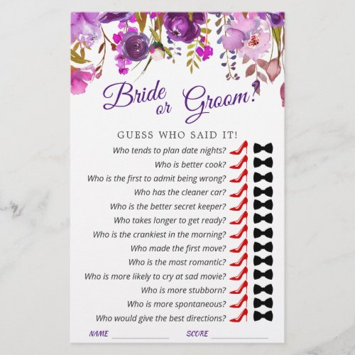 Purple Violet Peony Floral Bridal Shower Game