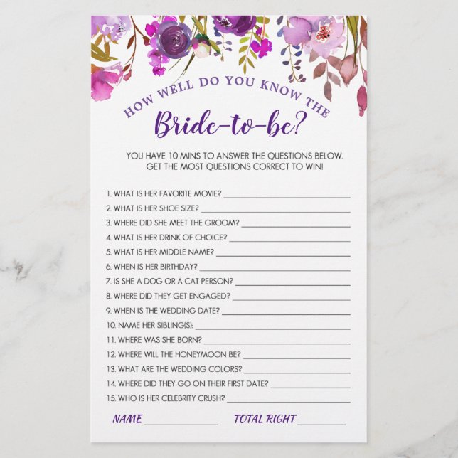 Purple Violet Peony Floral Bridal Shower Game (Front)