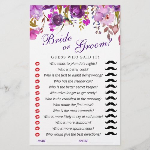 Purple Violet Peony Floral Bridal Shower Game