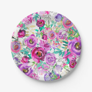 Purple Violet Pink Colorful Modern Floral Pattern Paper Plates