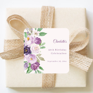 Purple violet pink florals birthday square sticker