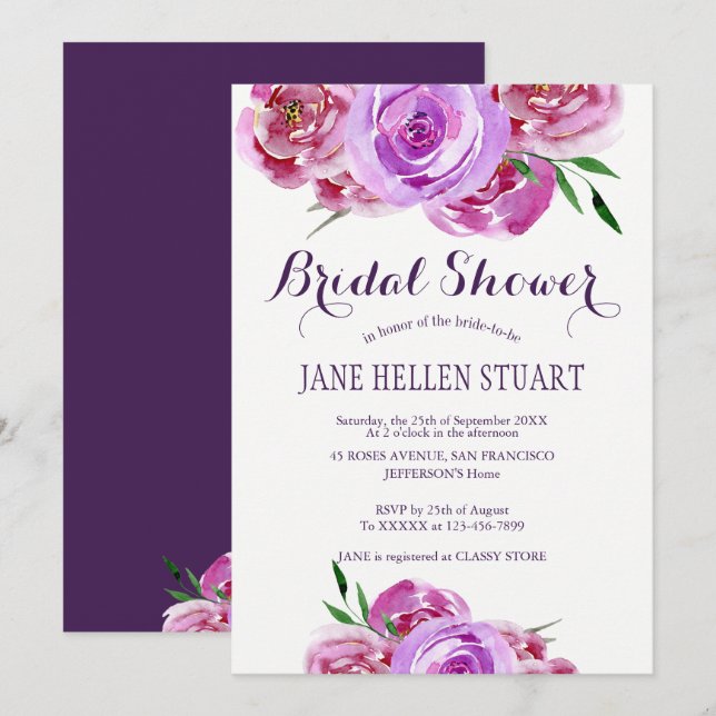 Purple violet pink peonies bouquet bridal shower invitation (Front/Back)