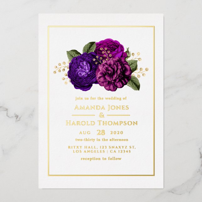Purple, Violet, Plum and Gold Floral Wedding Foil Invitation (Front)