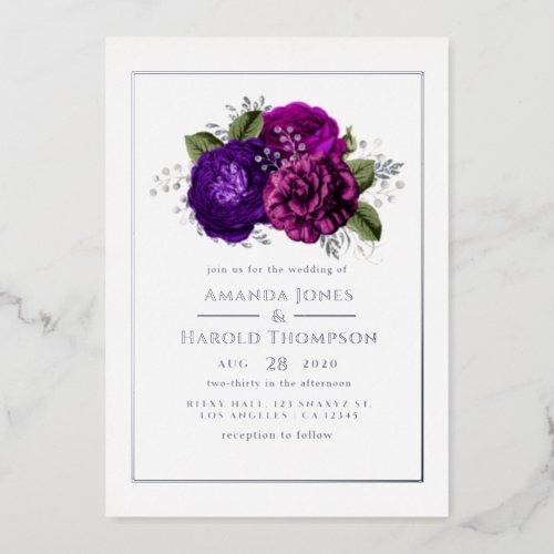 Purple Violet Plum and Silver Floral Wedding Foil Invitation