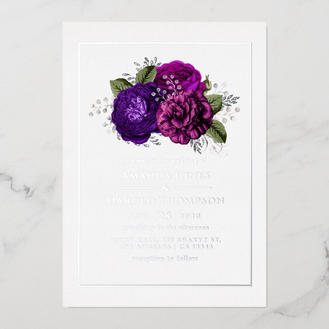 Purple, Violet, Plum and Silver Floral Wedding Foil Invitation (Front)